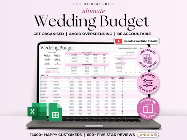 Wedding Budget Tracker – Digital Planner for Google Sheets & Excel | Easy Wedding Expense & Cost Checklist