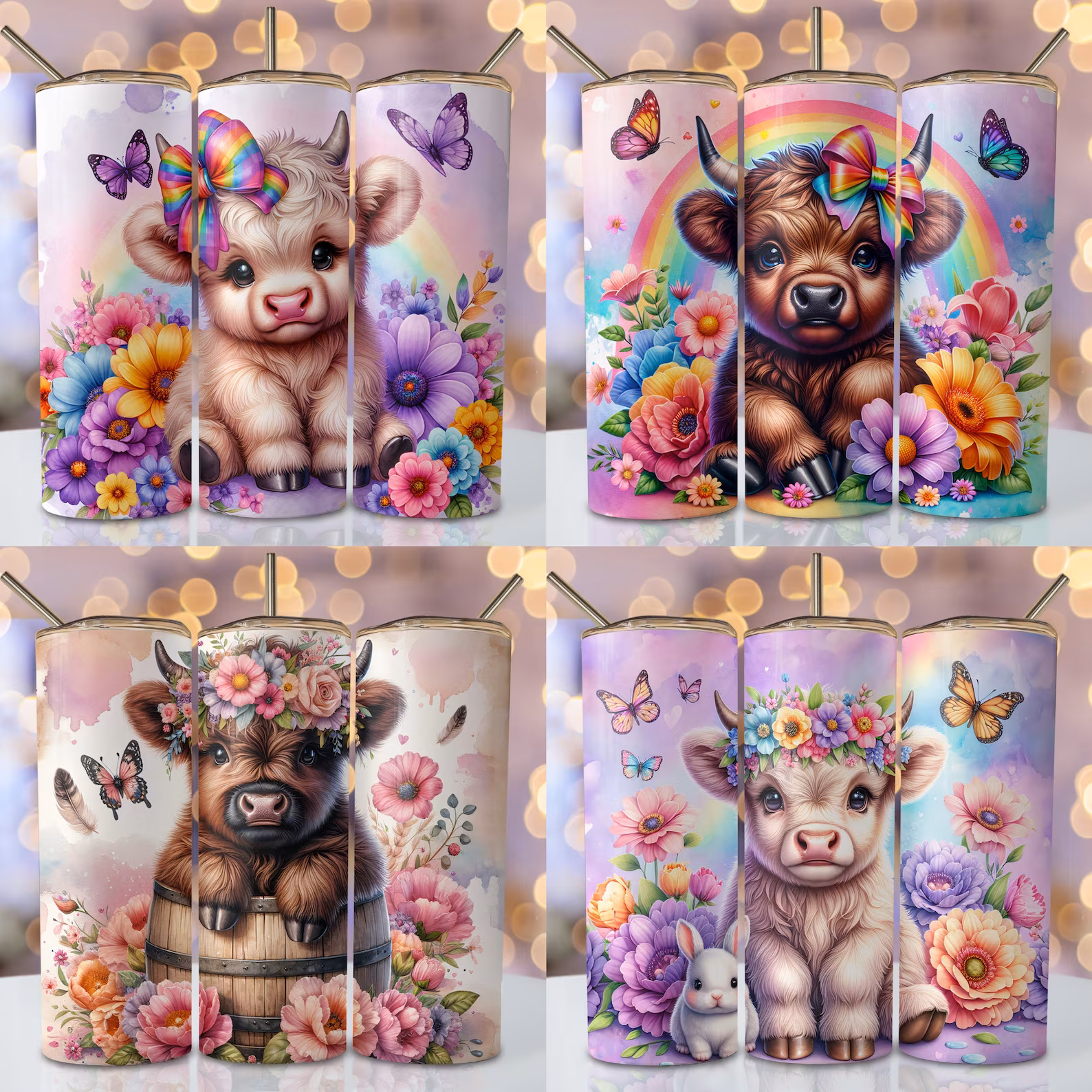 Highland Cow Tumbler Wrap Bundle – 33 Floral Skinny Wraps 🐮🌸✨