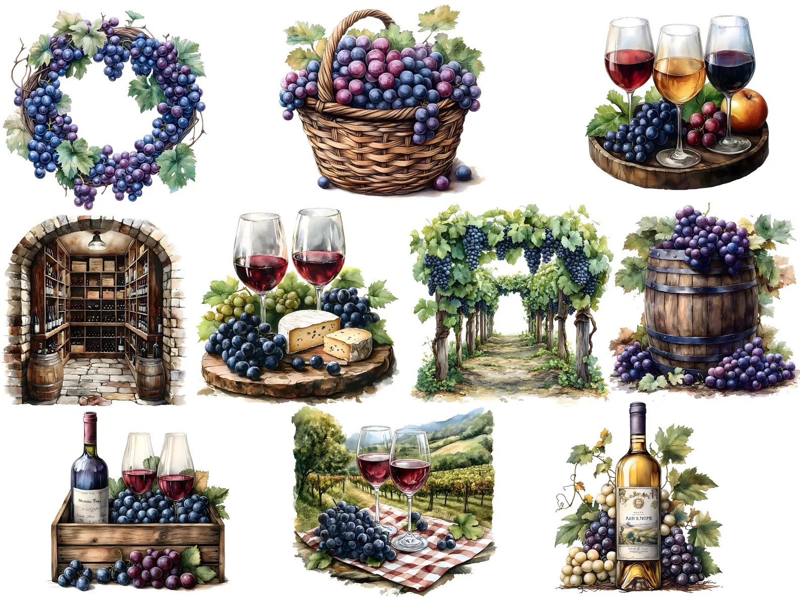 25 Vineyard & Grape Watercolor Illustrations β Instant Download ππ¨