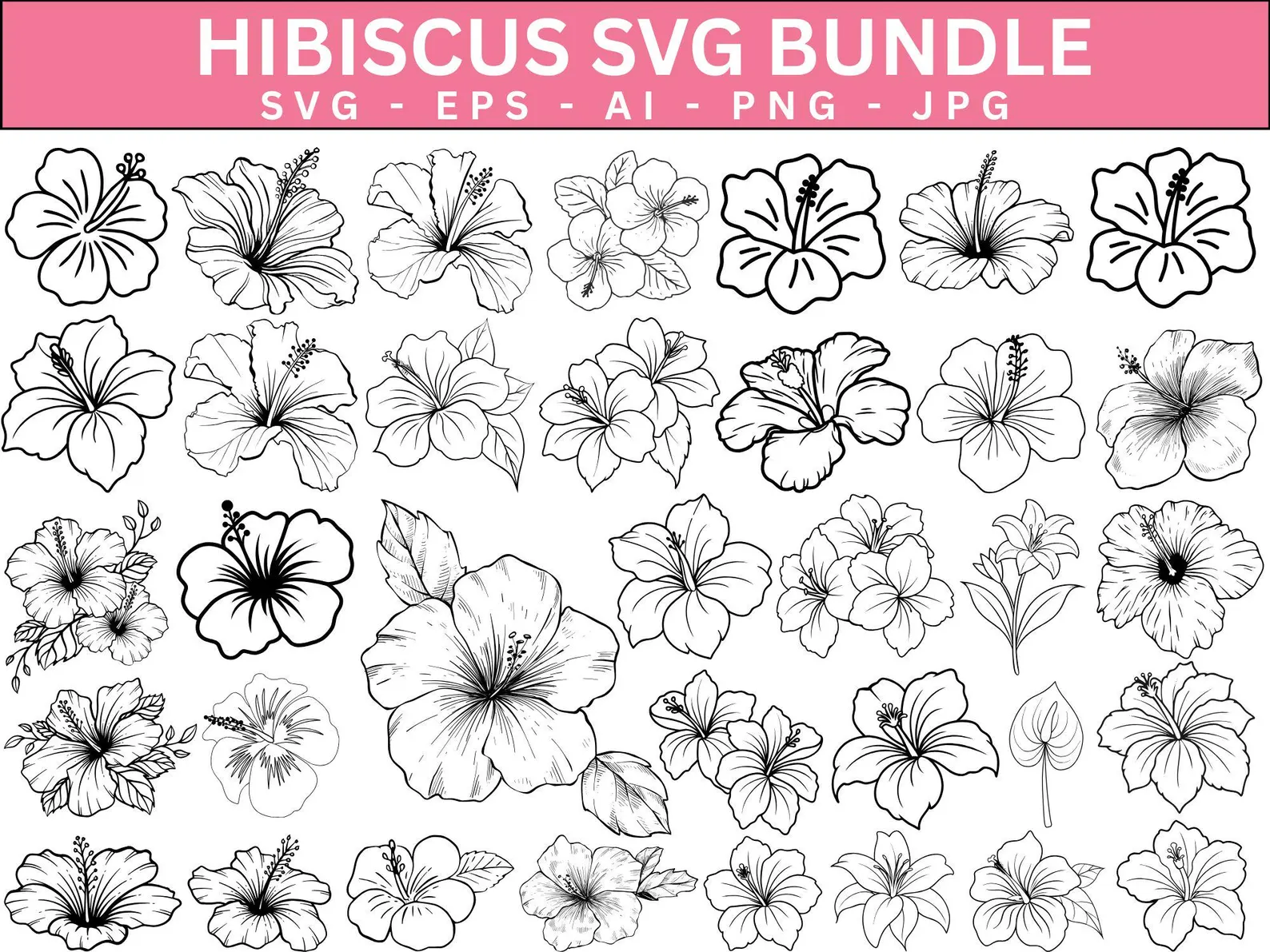 49 Hibiscus Flower SVG Bundle – Tropical Hawaiian Hibiscus Cutting Files, Floral Silhouette Clipart PNG SVG for Cricut and Laser Engraving