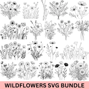 70 Wildflower Meadow SVG Bundle • Botanical Floral Border Silhouettes • PNG EPS PDF