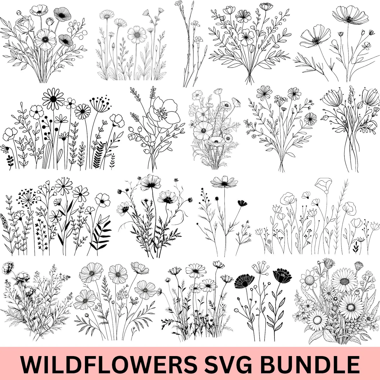 70 Wildflower Meadow SVG Bundle • Botanical Floral Border Silhouettes • PNG EPS PDF